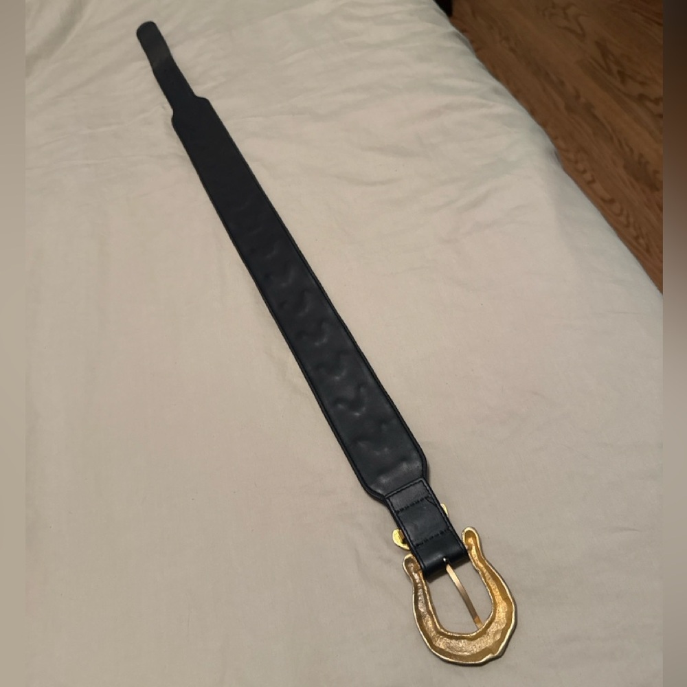 Vintage 80s Sculptural Gold Buckle Wide Black Leather Statement Belt – Power Era - Picture 8 of 16